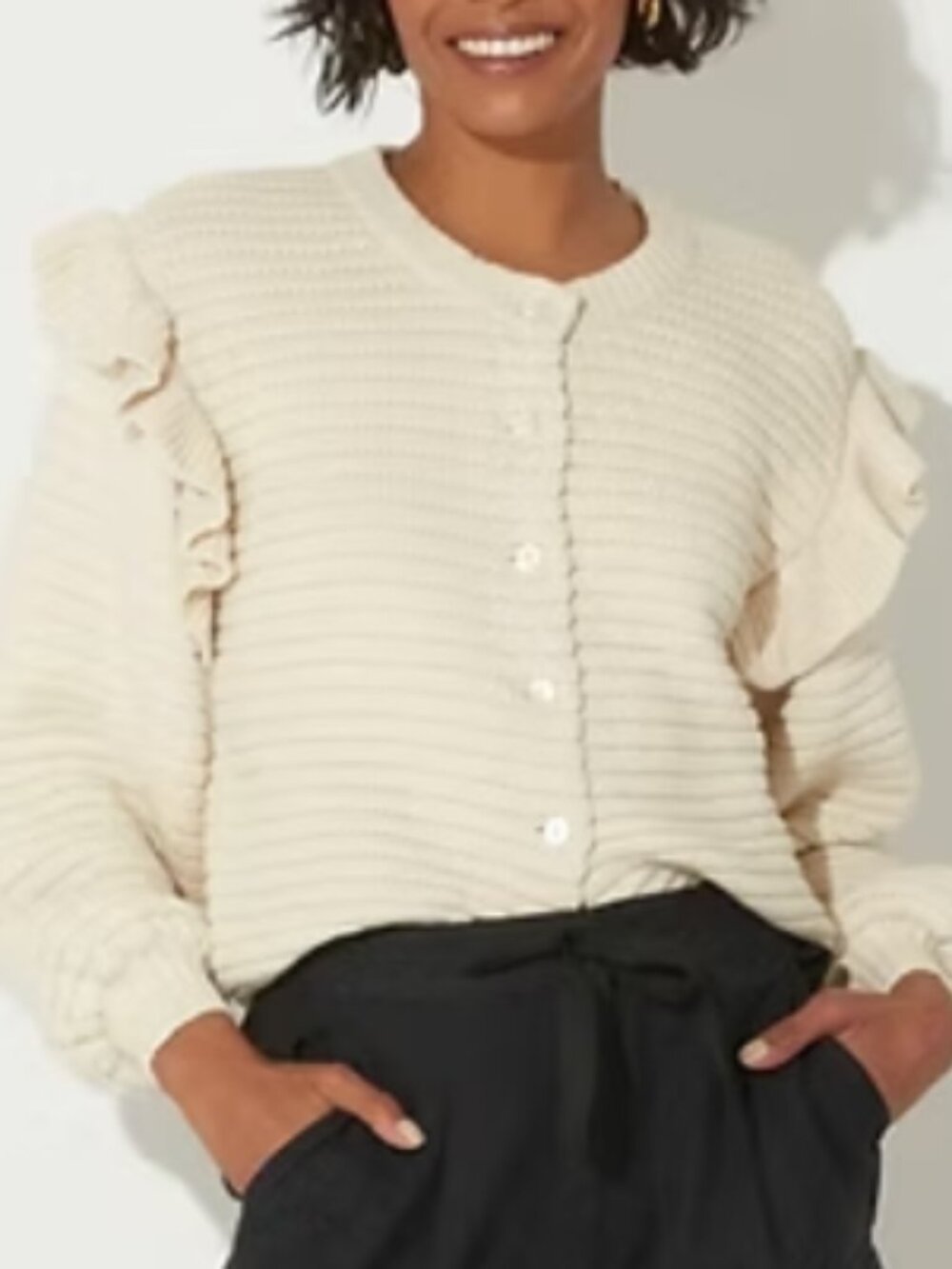 Cleobella Cardigan Sweater Cream Organic Cotton Ruffles Textured Button Up Small